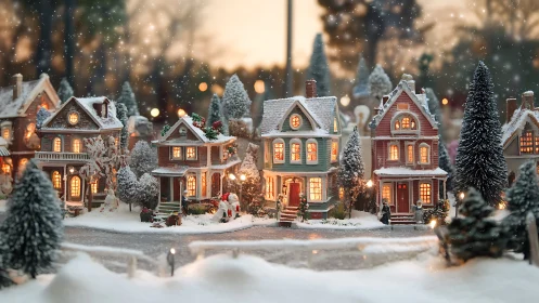 Snow-dusted miniature village with warm glowing windows.