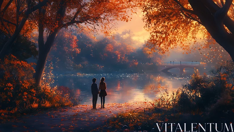 Two figures embrace beneath autumn trees overlooking misty waterway