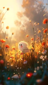 White creature blooms in golden flower field at sunset