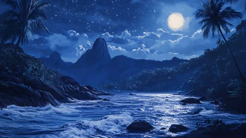 Moonlit tropical river drifting through quiet blue mountains.