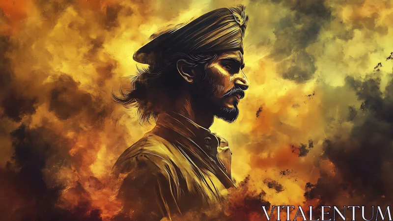 Stoic warrior in turban emerges through blazing golden smoke