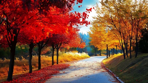 Tree-lined paved path displays contrasting autumn foliage