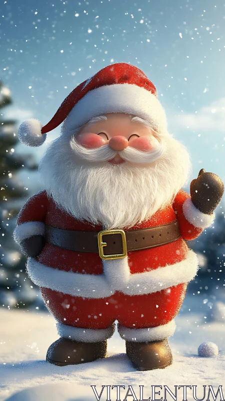 Smiling cartoon Santa Claus standing in snowy winter scene.