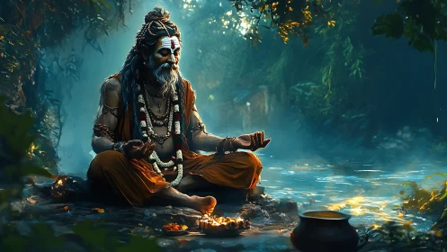 Solitary ascetic sits in lotus pose by misty forest river