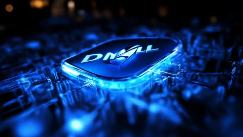 Glowing tech emblem rests in a vivid blue digital grid