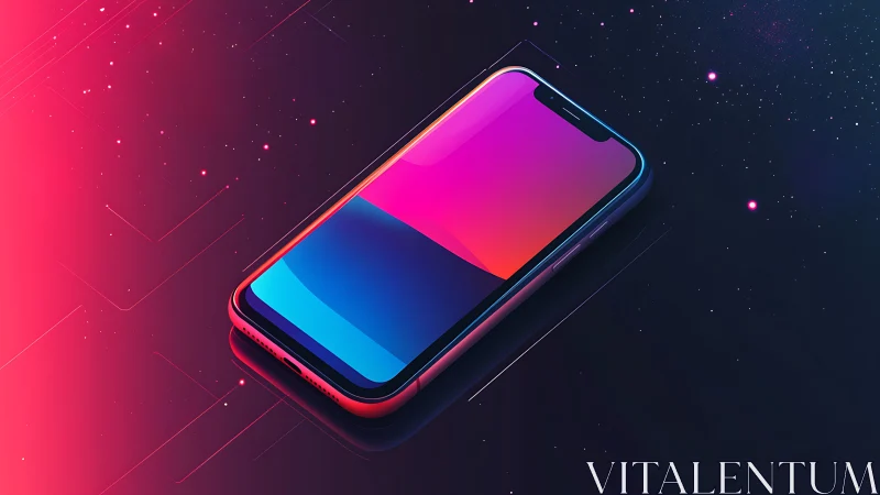 Neon gradient smartphone floating in cosmic digital glow.