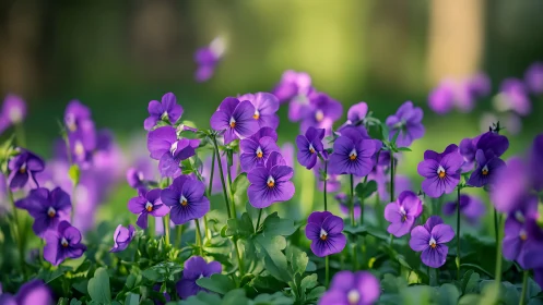 Purple pansies in bloom with sharp detail and soft background bokeh