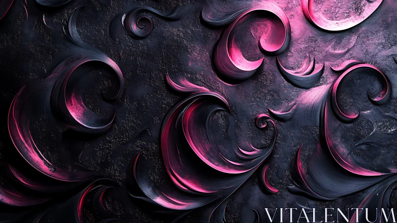 Metallic magenta scrollwork on textured charcoal surface