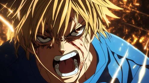 Frenzied blond fighter in dynamic anime action closeup shot.