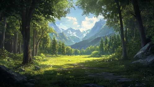 Alpine Valley Forest: Mountain Vista Through Trees.