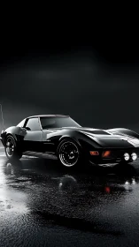 Midnight muscle coupe stalking rain-lit asphalt dreams.