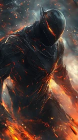Molten-armored guardian walking through storming embers.
