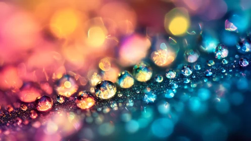 Glittering water droplets glow against vivid bokeh lights.