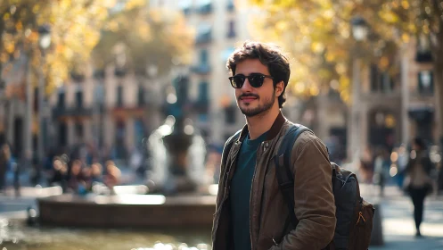 Urban traveler in soft bokeh city square with warm backlight