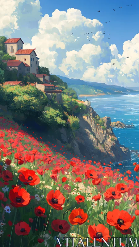 Coastal poppy hillside overlooks bright Mediterranean bay.