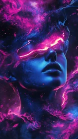 Neon-irradiated android visage dissolves into luminous plasma fog