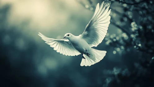 Elegant white dove in flight, ethereal soft focus nature photography.