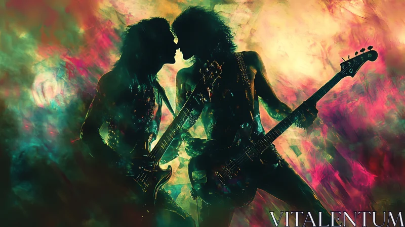 Backlit rock guitar duo in neon vapor cloud, intimate pose