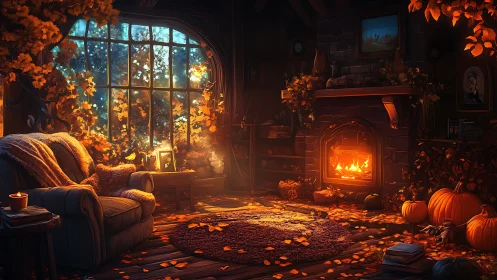 Autumn living room interior with fireplace and window view.