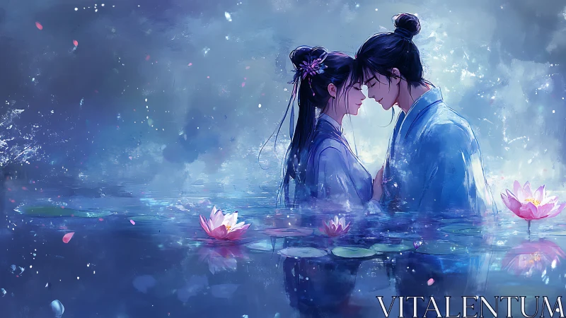 Two figures in water with lotus flowers under luminous sky.