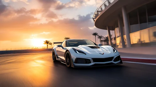 Photorealistic supercar at sunset on dynamic curved track.