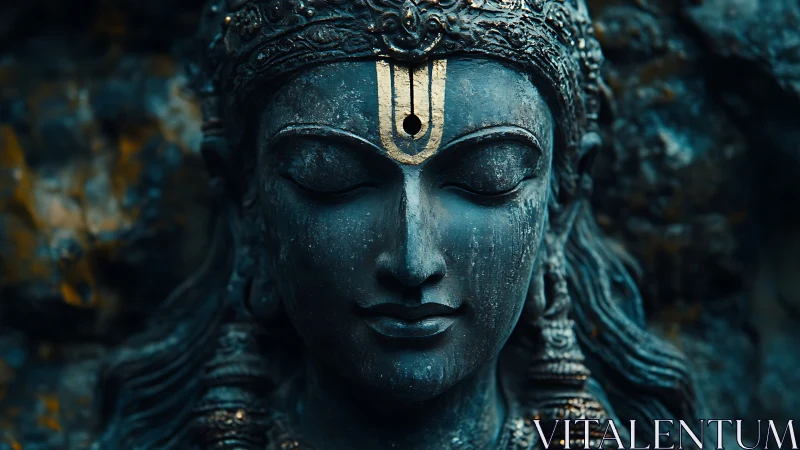 Weathered stone deity relief with gold inlay and shallow depth