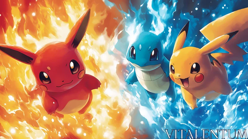 Playful elemental trio soaring through fire and water.