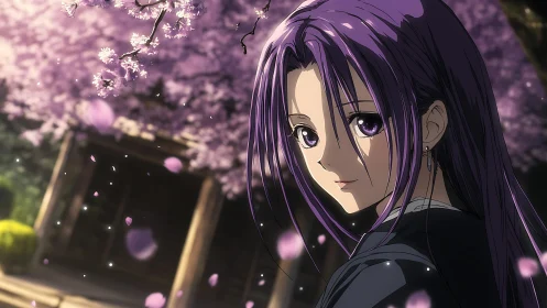 Purple haired character stands beneath blooming cherry trees