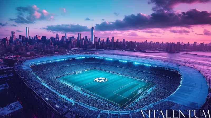 Neon stadium panorama contrasts urban skyline and twilight sky
