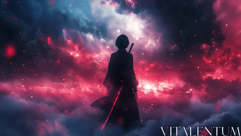 Lone swordsman faces luminous storm over cloud sea