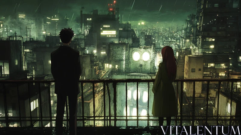 Two distant figures overlook a neon city in cold rain
