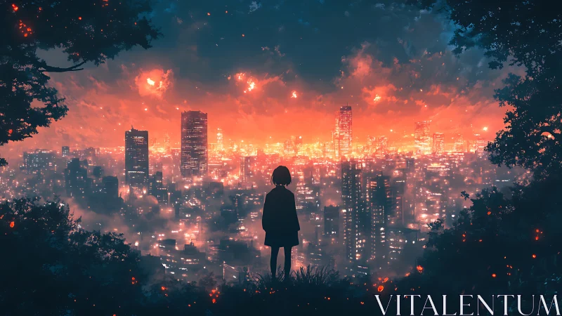 Digital painting of lone silhouette overlooking burning neon cityscape.