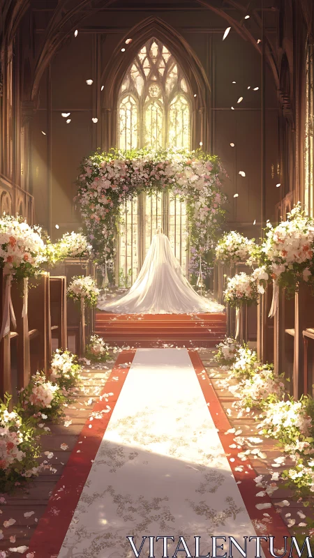 Bride stands before floral arch in sunlit cathedral aisle