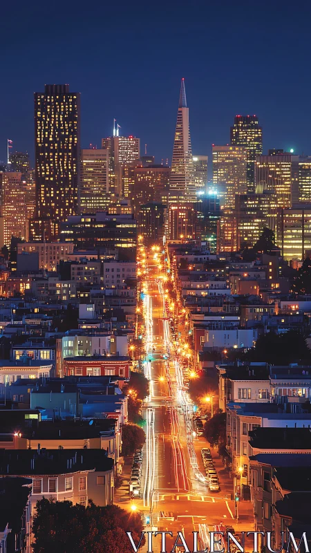 Urban night corridor with illuminated skyscraper skyline.