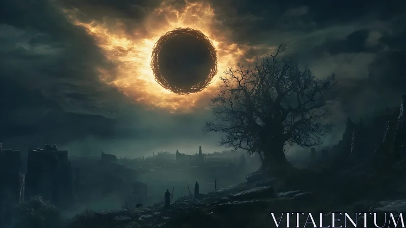 Burning eclipse over desolate fantasy wasteland at dusk.