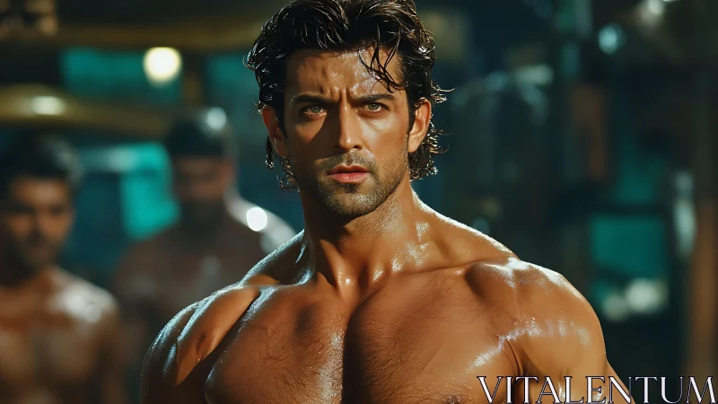 Intense gym glow on determined, sculpted athlete’s stare.