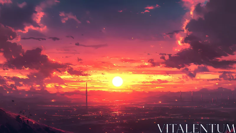 Skyline ember sunset over distant sci fi towers dreaming.