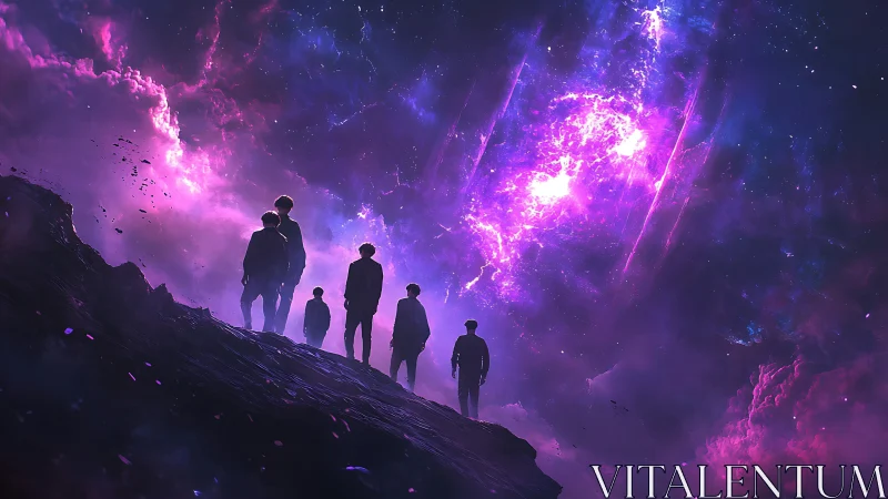 Cosmic ridge silhouettes under luminous nebula sky, digital painting.