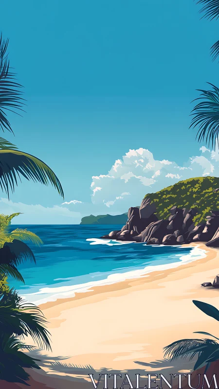 Tropical Beach with Rocky Headland and Palm Trees