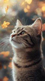 A Curious Tabby Watches Golden Autumn Leaves Dance