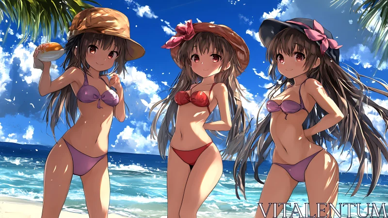 Sunlit anime friends share a playful summer beach moment