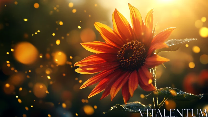 Single orange sunflower photographed in strong backlighting