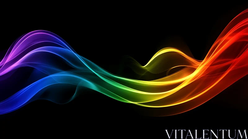 Chromatic light waves stream across pure black void.