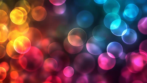 Multicolored circular light bokeh on dark gradient background.