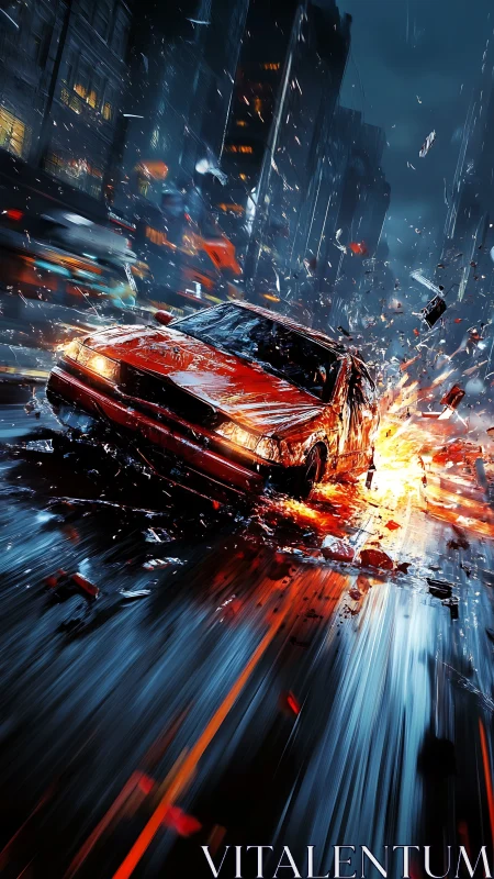 Street racer erupts through rain and sparks in wild motion.