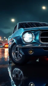 Classic muscle car gleams on neon‑lit rainy city street.