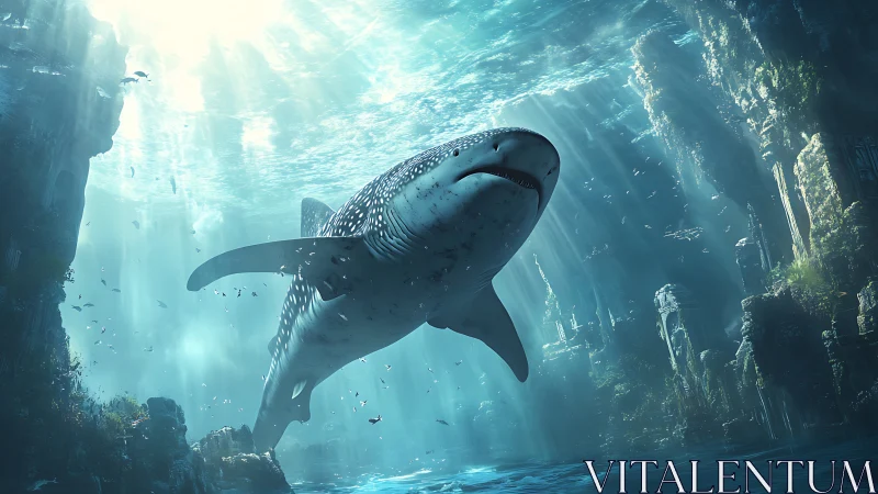 Whale shark glides above submerged ancient stone ruins