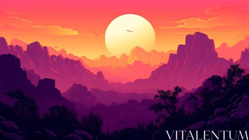 Radiant sun over neon-hued mountains at dusk.