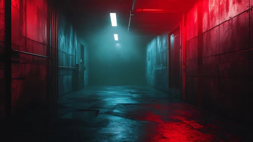 Moody neon hallway glows with red and blue cinematic light