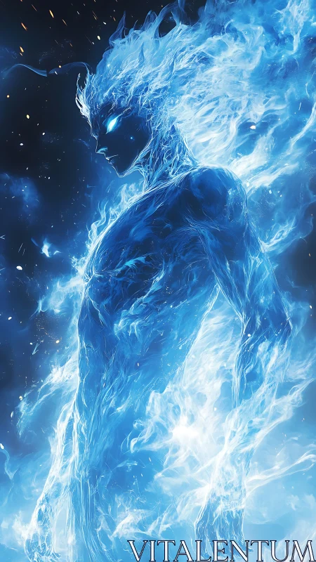 Celestial blue fire entity radiates ethereal cosmic power.